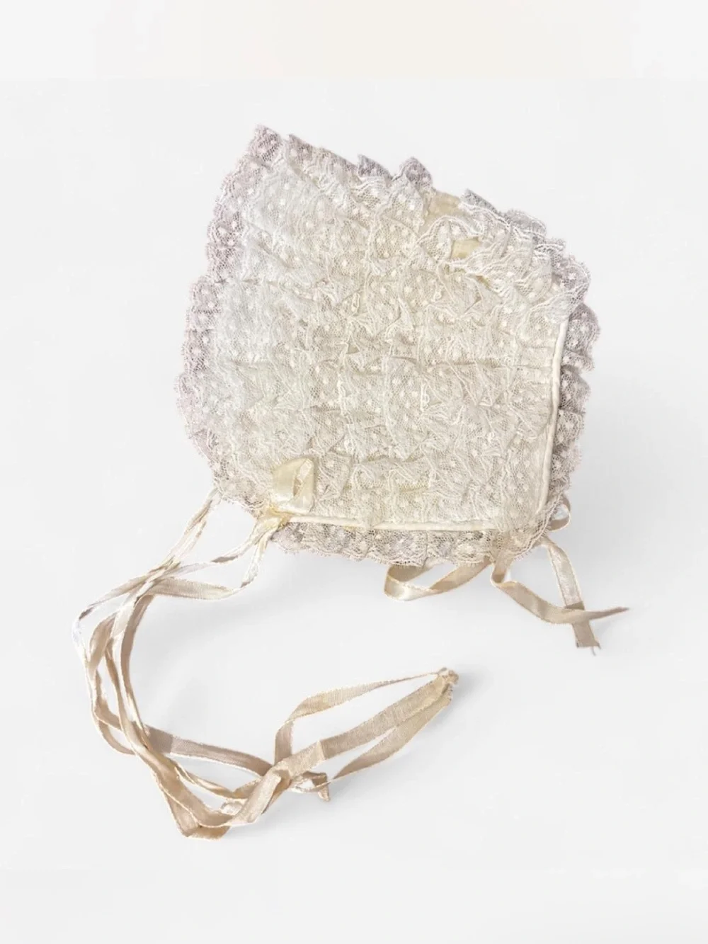 Vintage Ivory Lace Baby Bonnet with Satin Ties